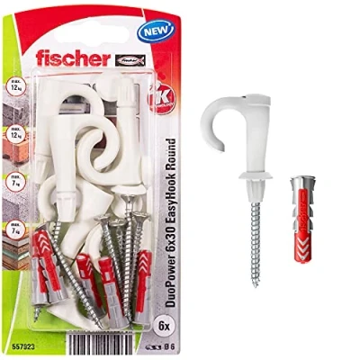 Imagen de fischer EasyHook Round K (6), Juego de 6 tornillos y tacos DuoPower x 30, con gancho redondo, para tablero aglomerado ganchos flexibles instalar en numerosos materiales construcción