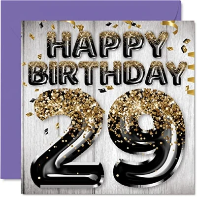 Imagen de Stuff4 Tarjeta de cumpleaños número 29 para hombres, globos negros y dorados con purpurina, tarjetas feliz hombre años, hijo, hermano, tío primo, 145 mm x mm, veintinueve