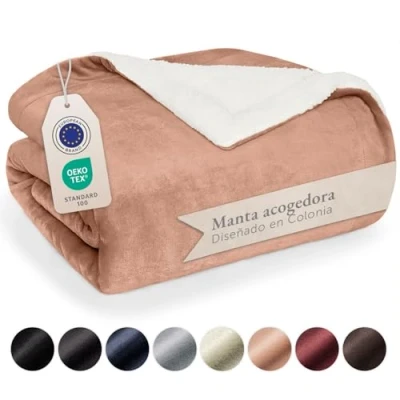 Imagen de Blumtal Mantas para Sofá Reversible de Sherpa y Franela Suave Manta Polar 100% Microfibra Extra Suave, sofá, Cama o Sala Estar, Rosa, 230 x 270 cm