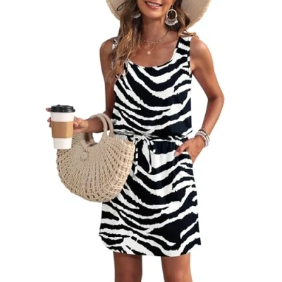 Imagen de WNEEDU vestido de verano para mujer, sin mangas, playa cuello redondo, con cordón, ventilado, bolsillos, Rayas gruesas cebra, S