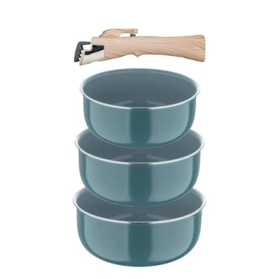 Imagen de BERGNER CLICK&amp;COOK Set 4 Pzs Cazos Alu Prensado Reciclado con Mango Desmontable Revestimiento PPG Fusion Verde Inducción Compatible, 16 cm, 18 20 Plata