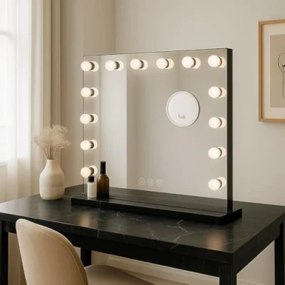 Imagen de Bayt Hollywood Espejo 58 x 46 cm Maquillaje con Luces Iluminación Regulable Ampliación 10x Negro