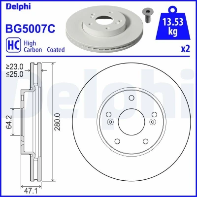Imagen de DELPHI BG5007C Disco de freno 280 25 5 ventilado revestido altamente carbonizado sin cojinete rueda, anillo sensor ABS HONDA: CIVIC 9