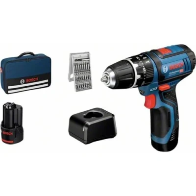 Imagen de Bosch Professional 12V System GSB 15 Taladro percutor a batería (30 Nm, 1300 rpm, set 25 accesorios, 2 baterías x 2.0 Ah, en maletín de lona)