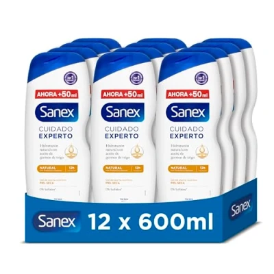 Imagen de Sanex Cuidado Experto Natural Gel de Ducha, Pack 12 Uds x 600ml, Baño para Piel Seca, Limpia Suavemente, Hidrata la Piel, con Aceite Germen Trigo, Complejo Prebiótico y Postbiótico