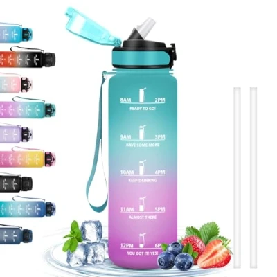 Imagen de Botella Agua 1 Litro, Gimnasio con Pajita, Motivacional, Cantimplora Marca de Tiempo, Gym, para Gimnasio, Yoga, Outdoor, Senderismo