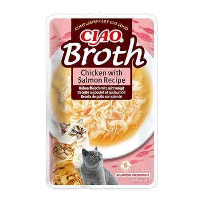 Imagen de INABA Churu Broth Caldo para Gatos Snacks Receta Pollo y Salmón Premios con Proteínas Animales Sin Cereales, Conservantes, Colorantes Sólo 16Cal 40g
