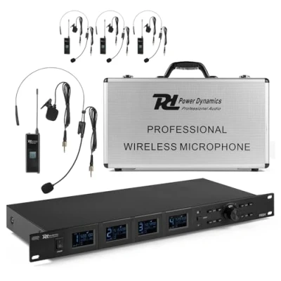 Imagen de Power Dynamics PD524B Sistema de micrófono inalámbrico UHF con 4X Bodypacks, Micro Solapa inalámbrico, Diadema Recargable por USB, transmisión Infrarrojos, Ideal para Eventos