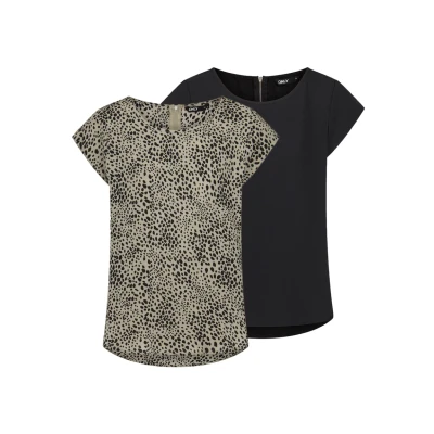 Imagen de Only ONLVIC Camiseta básica de Manga Corta para Mujer (2 Unidades, Cuello Redondo, Corte Regular, Corta, con Cremallera, diseño Verano), Negro (15284243), 44