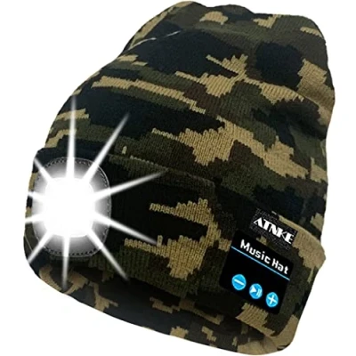 Imagen de ATNKE LED Luminoso Bluetooth Gorro Sombrero, USB Recargable 4 Inalámbrico Musical Gorras Correr Super Brillante Impermeable Luz Invierno Cálido Regalos para Hombre y Mujer/Camouflage Army Green