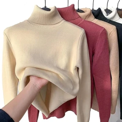 Imagen de JOCCOS Camisa de punto grueso forro polar para invierno, suéter cuello alto casual mujer, fondo delgado térmico suave, albaricoque, S (40/48 kg)