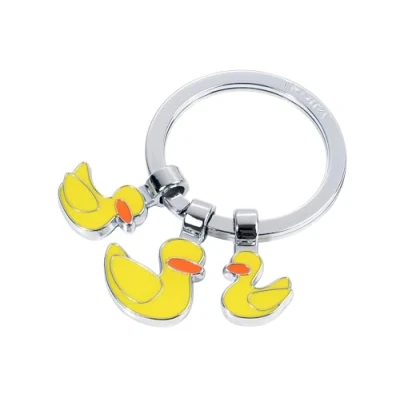 Imagen de TROIKA Llavero con 3 colgantes de pato Amarillo YELLOW DUCK Esmalte metal fundido Cromado Original, amarillo, 4,2 x 5,5 0,7 cm
