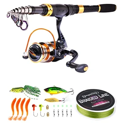 Imagen de Sougayilang Combos de Carrete caña Pescar, Pescar telescópica Fibra Carbono con Giratorio, señuelos línea Pesca, Accesorios Equipo Pesca para Viajes, en