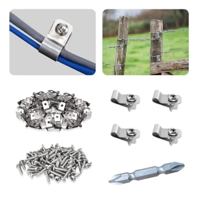 Imagen de iHYTOON abrazaderas de alambre valla agricultura clips fijación acero inoxidable con tornillos para soldado a madera, metal o vinilo,