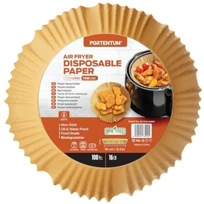 Imagen de PORTENTUM Papel freidora aire 100 unidades Food Grade BPA free de 16 20 cm Air Fryer Redondo Ideal para una cocción saludable