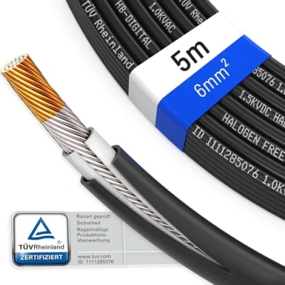 Imagen de hb digital 5m Cable solar 6 mm2 H1Z2Z2 K Probado por TÜV Rheinland Resistente a los rayos UV Flexible Cobre puro 1500 V de extensión fotovoltaico para panel placa