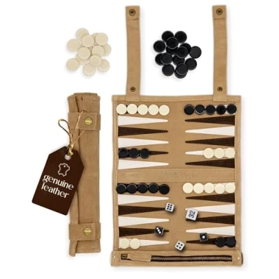Imagen de Amari ® Backgammon de Viaje para Viajes y Back Gammon, Juego Maletas Piel