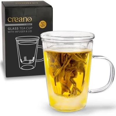 Imagen de Creano Vaso de té 400 ml Gran Taza con colador y Tapa Cristal una Tetera Ideal