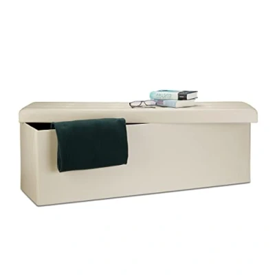 Imagen de Relaxdays Banco plegable, Baúl de almacenaje, Cuero sintético, 38 x 114 cm, Crema