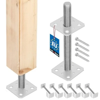 Imagen de KOTARBAU® Lote de 6 Soporte para postes 80 mm x 250 mm, rosca M24 atornillar, Base sujeción galvanizada, Altura ajustable, Pie suelo hormigón, Placa regulable