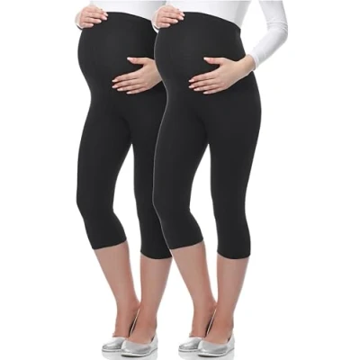Imagen de Be Mammy Premamá Lote de 2 Leggins 3/4 Mallas Pirata Embarazo Lactancia Maternity Leggings Capri 03 (Negro/Negro, L)