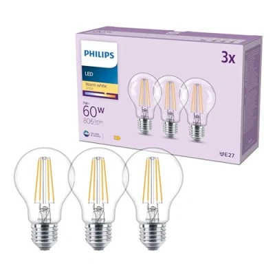 Imagen de Bombilla LED Philips Classic A60, 60 W, incolora, casquillo E27, blanco cálido 2700 K, paquete de 3