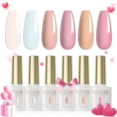 Imagen de ROSALIND Esmaltes Semipermanentes Nude Azul Claro Rosa 6 Colores Kit Pintauñas Uñas de Gel UV LED en Colorante Primavera Verano Nail Polish Valentín