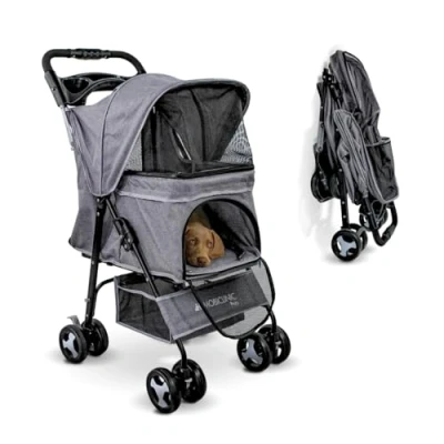 Imagen de Mobiclinic® pets, Carrito para perros plegable, Ideal pequeños y senior, Zuma, Hasta 15 kg, Ruedas con frenos 360º, Cesta xxl, 3 ventanas cremallera mosquitera, Portavasos, Gris