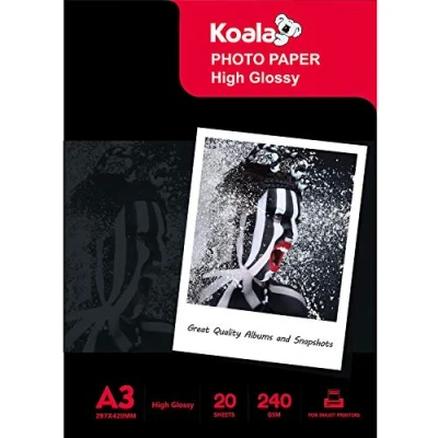 Imagen de KOALA Papel fotográfico de Brillante, A3, 297x420 mm, 20 Hojas, 240 g/m², para Impresora inyección Tinta Canon HP Epson
