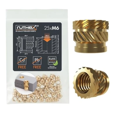 Imagen de ruthex Inserto roscado M6 SHORT 25 unidades RX x 6,8 hembra roscada de latón Tuerca presión estable para piezas plástico Utilizable por calor en 3D