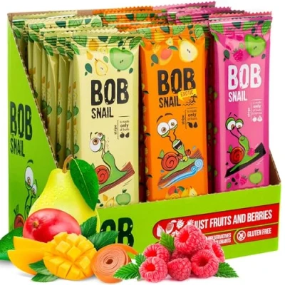 Imagen de Bob Snail Healthy Sugar Free Fruit Bars Snacks 60 Roll Ups envueltos individualmente por niños y adultos con fresas, mango, frambuesas, pera, sin azúcar, bajo en calorías