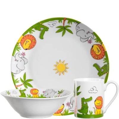Imagen de Leonardo Bambini 023151 Vajilla infantil de porcelana alta calidad, apta para lavavajillas, microondas, resistente, con motivos animales panda, unicornio, flamenco