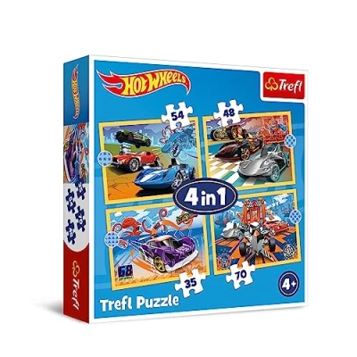 Imagen de Trefl Ruedas Calientes Hot Wheels 4en1, 4 Rompecabezas, de 35 a 70 Piezas Puzle Colores con los Coches Famosos, Distintos Grados dificultad, para niños Partir años, Multicolor (34627)