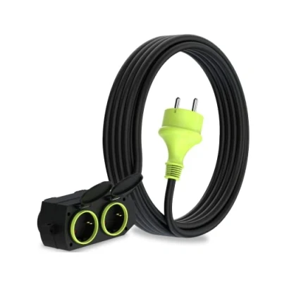 Imagen de MutecPower 5m Cable alargador de Corriente con 4 enchufes Schuko para Uso Exterior IP44 H05RR F3G 1,5mm² alargo Tomas Protección Infantil Goma 5 Metros Negro/Verde