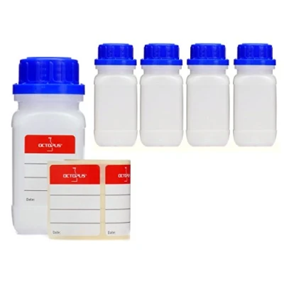 Imagen de 5 botellas de boca ancha 100 ml con cierre rosca, químicas, laboratorio tapa como recipiente almacenamiento para laboratorio, cocina o hobby