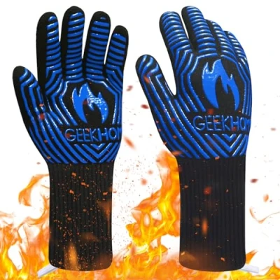 Imagen de GEEKHOM Guantes de Parrilla, Resistente al Calor hasta 800 Grados Cocina Guante Largo Chimenea Resistentes por Cocinar, Hornear