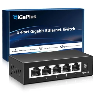 Imagen de GiGaPlus Switch Ethernet Gigabit de 5 Puertos no administrado, Divisor Red, Montaje en Pared o Escritorio, sin Ventilador, Plug and Play, Carcasa Metal, Mini Cuerpo