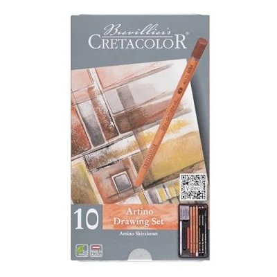 Imagen de CRETACOLOR Artino Drawing Set, set de dibujo 10 piezas para profesionales y principiantes, equipo básico dibujar, incl. rascador papel borrador amasado, revestimiento suave rico