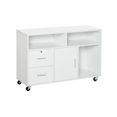 Imagen de HOMCOM Mueble Auxiliar de Oficina Archivador con Ruedas Estantes y Cajones Armario Multiusos Gran Almacenaje 100x35x65 cm Blanco