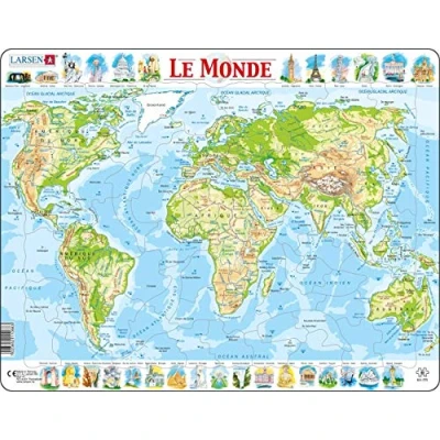 Imagen de Larsen K4 El Mapa físico del Mundo, edición en Francés, Puzzle de Marco con 80 Piezas