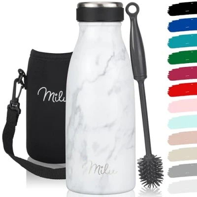 Imagen de Milu botella de acero inoxidable, 350, 500, 750 ml, 1L, 1,5 L, térmica aislante, a prueba fugas, doble pared, apta para bebidas con gas, incluye cepillo limpieza, (mármol, 350 ml)