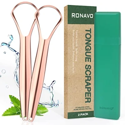 Imagen de Raspador de lengua acero inoxidable Raspadores para adultos curar mal aliento. Limpiadores más frescos en segundos (2 unidades) (Rose gold size)