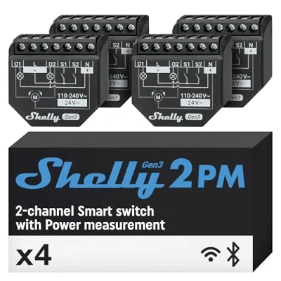 Imagen de Shelly 2PM Gen3 Interruptor inteligente de persiana enrollable, medición potencia, 2 canales 16A, Wi Fi y Bluetooth, control persianas motorizadas/cortinas, compatible con Alexa/Google Home,