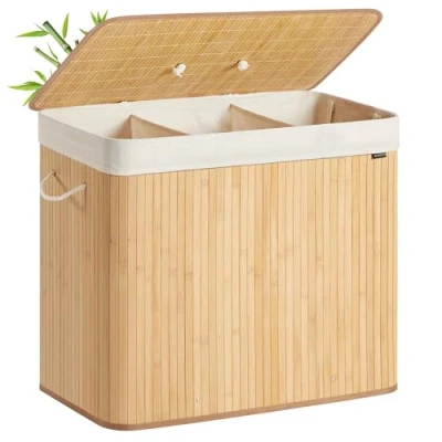 Imagen de SONGMICS Cesto de la Ropa Sucia con Tapa, 3 compartimentos, 170 L, Cesta Lavandería Bambú, Plegable, Bolsa Lavable Extraíble, Asas, para Lavandería, Dormitorio, Natural LCB013Y01