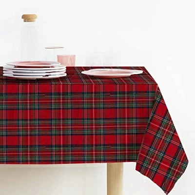 Imagen de Lovely Home mantel navideño de Navidad rectangular tela teñida hilo Lurex Tartán fabricado en Italia, estampado escocés (140 x 240 cm, rojo)