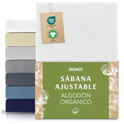 Imagen de Dreamzie Premium Sabanas 70x200 cm, Sabana Bajera cm Ajustable Algodon Orgánico, 150 g/m² Blanco Certificada sin Productos Químicos (Oeko Tex)