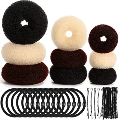 Imagen de 9 piezas Donut Bun Maker Fabricante de moño pelo conjunto bollo estilo anillo con 12 bandas elásticas para el cabello y 32 horquillas (negro, marrón, beige)