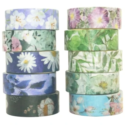 Imagen de Yubbaex Washi Tape Set Cinta adhesiva Decorativa Glitter Adhesivo de para DIY Crafts Scrapbooking (Flores tono frío 10 Rollos)