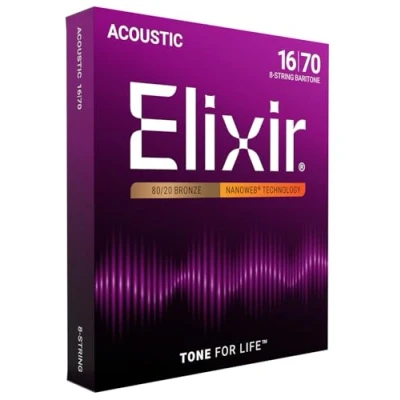 Imagen de Elixir cuerdas de guitarra acústica 8 Strings bronce en proporción 80/20 con recubrimiento NANOWEB, barítono, 1 Pack, String Baritone (16 70)