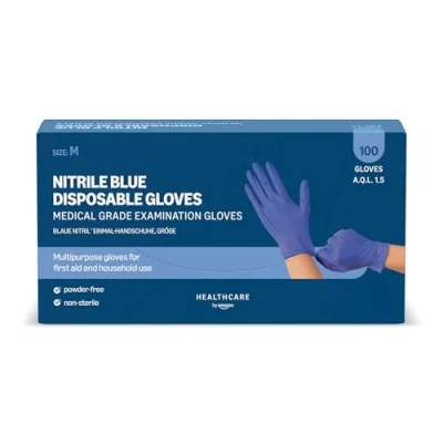 Imagen de Amazon Basic Care Guantes desechables de nitrilo azul, Sin empolvar, Talla M, 100 Unidad (Anteriormente Marca Hevea)